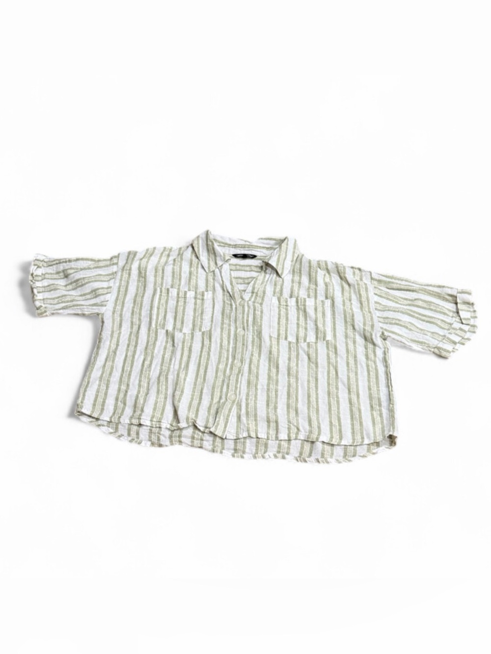 Unique Spectrum Olive & White Striped Crop Button-Up Top